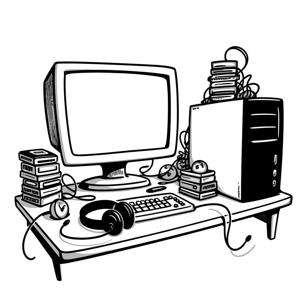 A messy desk full of cables, floppy disks, and a 2000s PC emoji