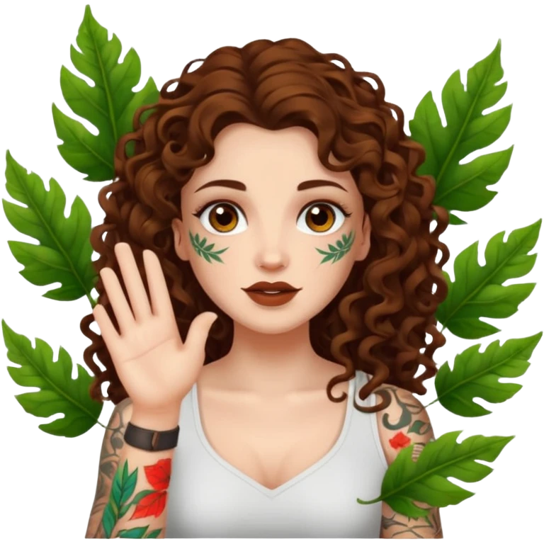 woman with long curly brown hair, brown eyes, white skin, tattoos, sarcastic slow clap made of glowing leaves emoji