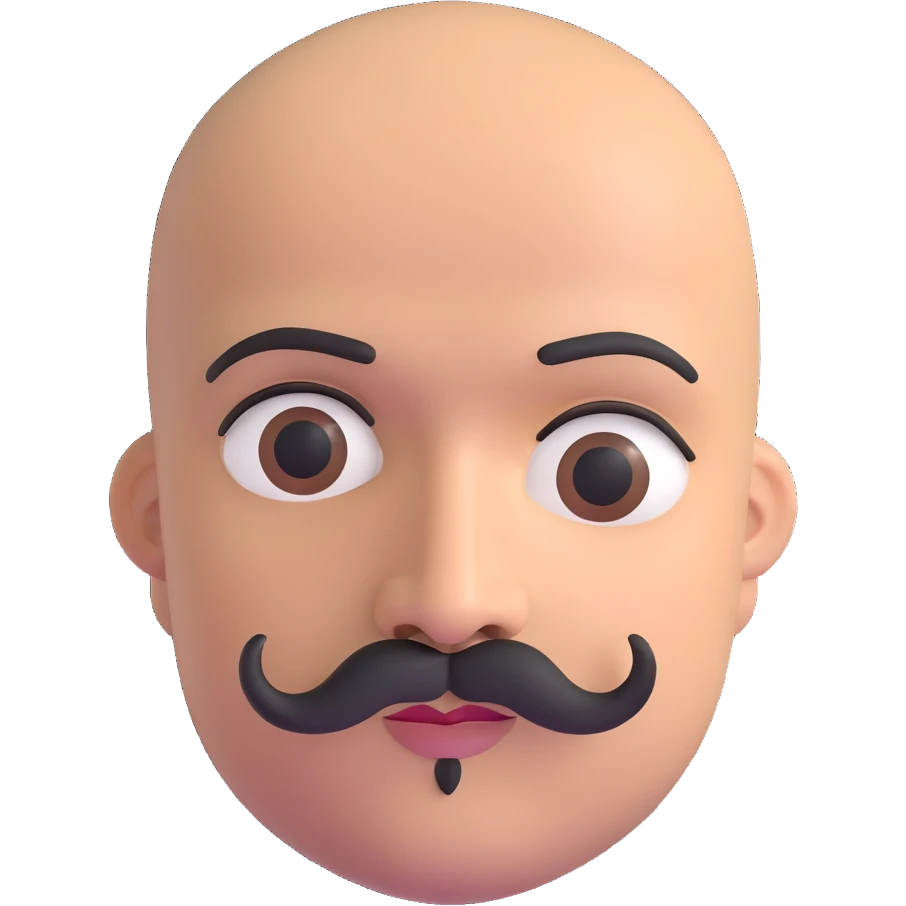 Bald man with smooth oval head, indigenous facial features, 37 years old, with only a mustache and thin beard connecting chin to lips, memoji style emoji