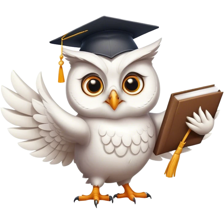 happy white Owl with graduation hat and diploma in claws emoji