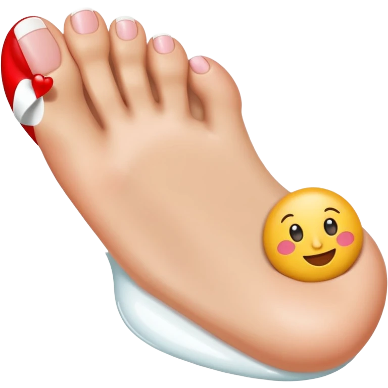 female foot with glossy white toenail polish, big toe lifted, other toes curled, emoji style emoji