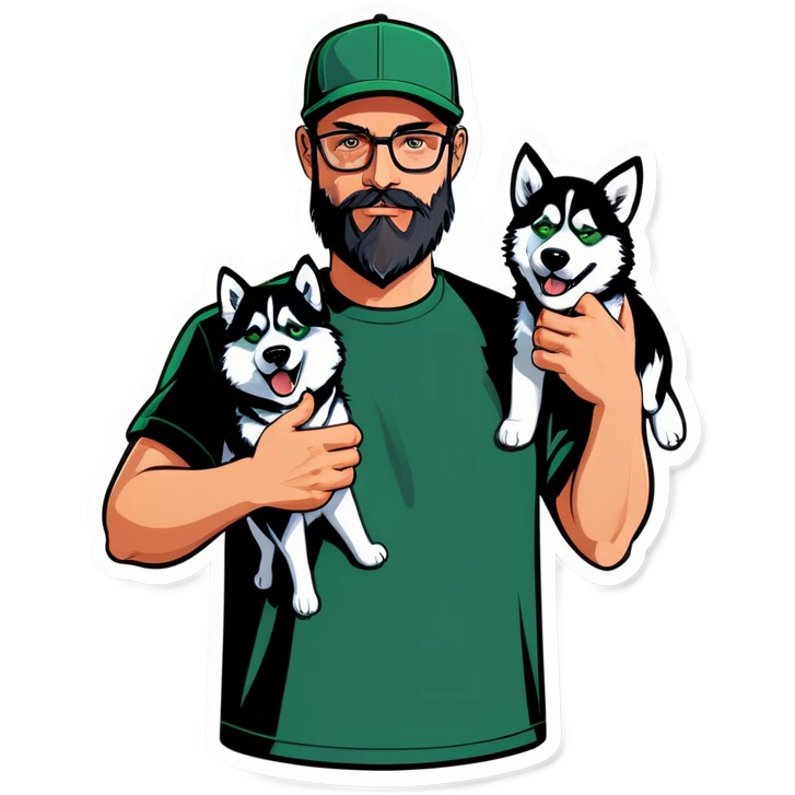 A bold man with a grey baseball cap, green eyes, big beard and glasses holding a husky dog emoji