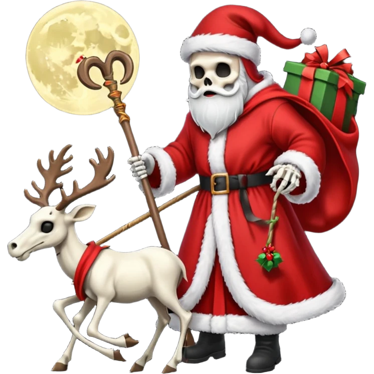 the Grim reaper dressed as Santa.... What gifts would be in his Sleigh.... What would his Sleigh likely look like.... Would the reindeer be skeletons, or ordinary reindeer emoji
