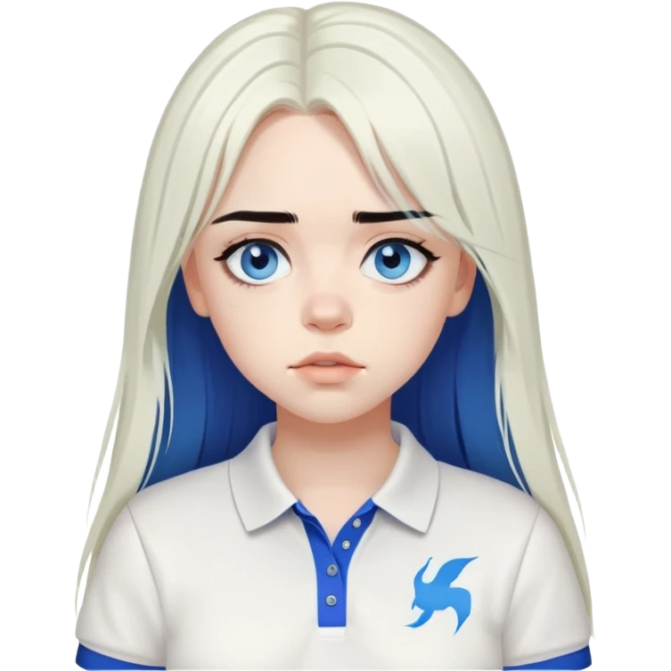 billie eilish long black hair blue eyes dark eyeliner makeup, wearing white polo shirt emoji