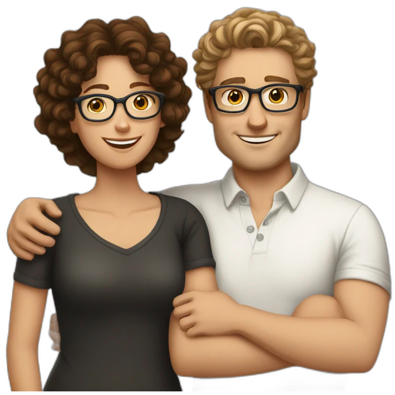 tall white man with curly dark hair hugging white woman with glasses and brown hair emoji