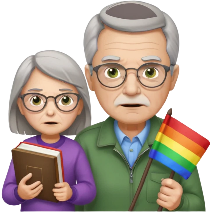 make old old man like 80 with gray hair and fur has HUGE EYE brows and glasses and is always mad and gay holding the rainbow flag and walking a young girl about 1 with brown hair and green eyes with a moth book with the other hand emoji