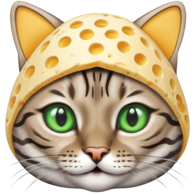 Sliver bengal cat with green eyes wearing a cheese hat emoji