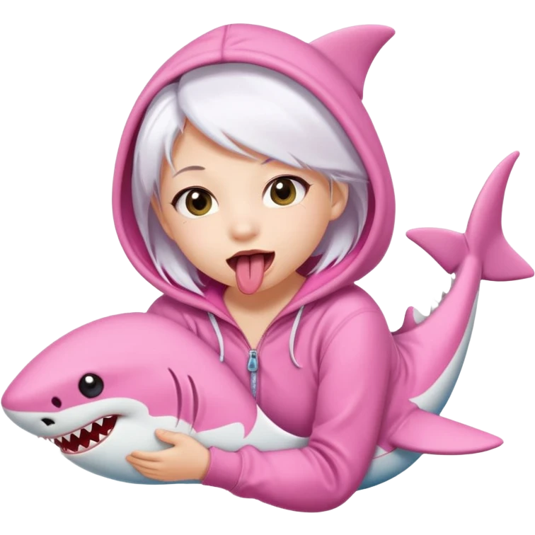 cute girl with white hair in a pink shark onesie, sticking out her tongue playfully emoji