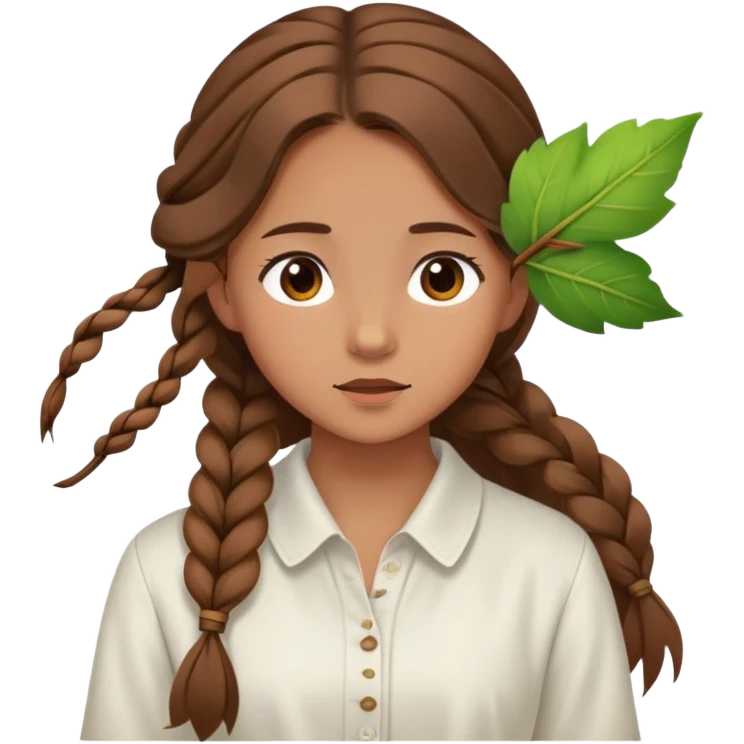  A girl with a long braid, a brown hairpin shaped like a leaf, and a white blouse, breathing in the spring air. emoji