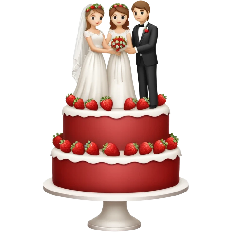 white wedding cake with strawberries, elegant floral decorations, bride and groom cake topper emoji