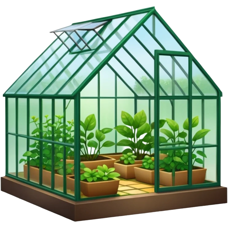 A 3D cartoon greenhouse filled with green plants and sunlight streaming through glass panels, earthy floor, bright natural light, Memoji-style texture and depth. emoji