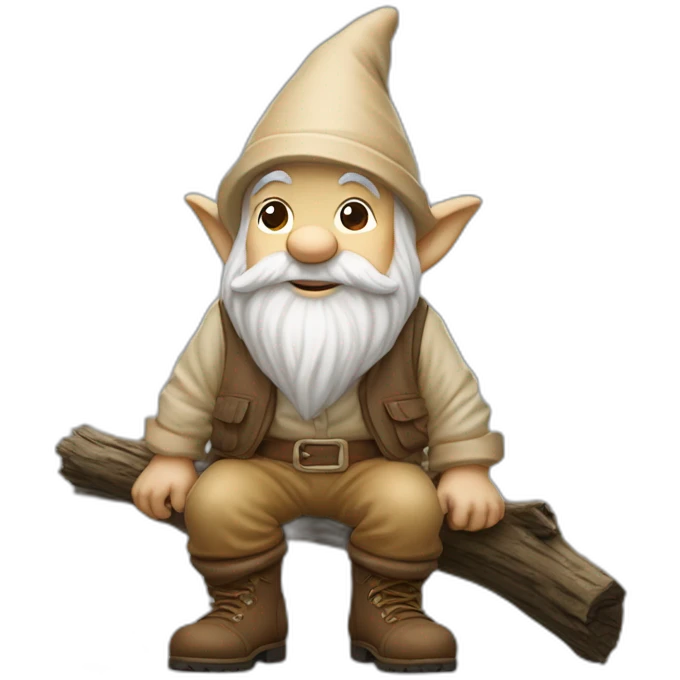 side view angle of gnome with light tan pants and light tan boots squatting on top of small brown log emoji