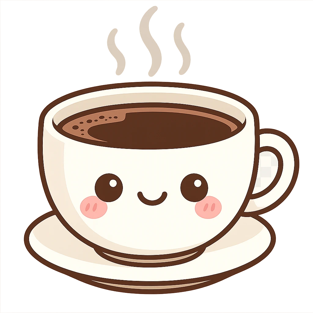 kawaii style cup of coffee with a cute smiling face, blushing cheeks, and steam rising emoji