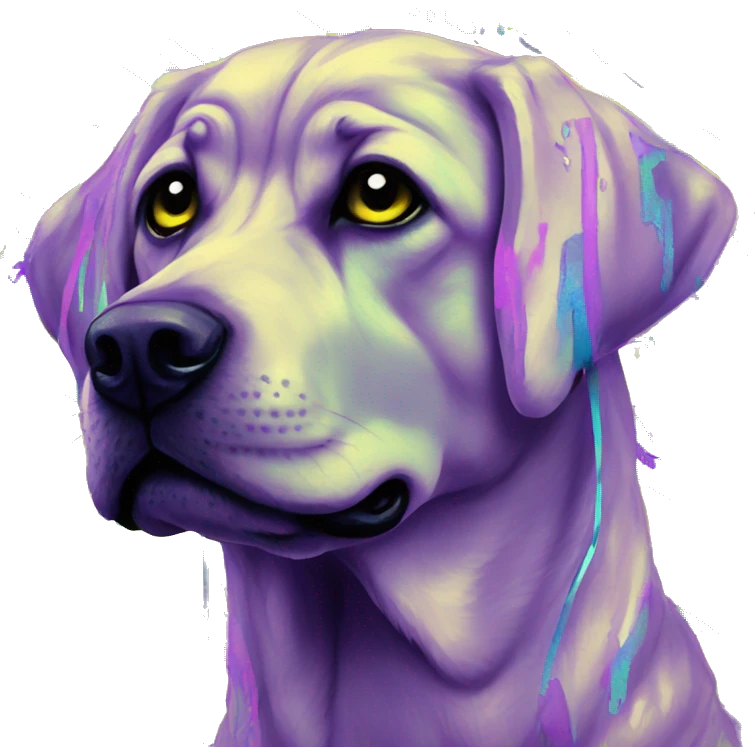 .Zombie_ Vaporwave black holographic oilslick zombie yellow Labrador zombie dog yellow caution tape graffiti stripes iridescent blue purple mane yellow stripes emoji