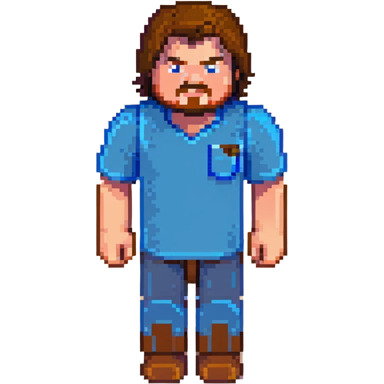 Jack Black as Minecraft Steve portrait, just face and shoulders, blocky character with brown hair, beard, and blue shirt emoji