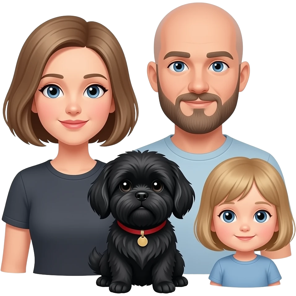 grey eyes woman with dark blond bob haircut and her boyfriend bald blue eye man with beard, her little shiatsu black dog and her 2 years daughter with short blond hair emoji