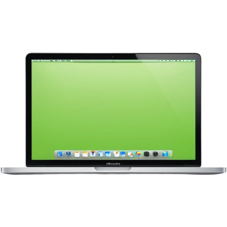 A macbook laptop front facing with its screen showing lime green screen with white paper overlapping outside the monitor . emoji