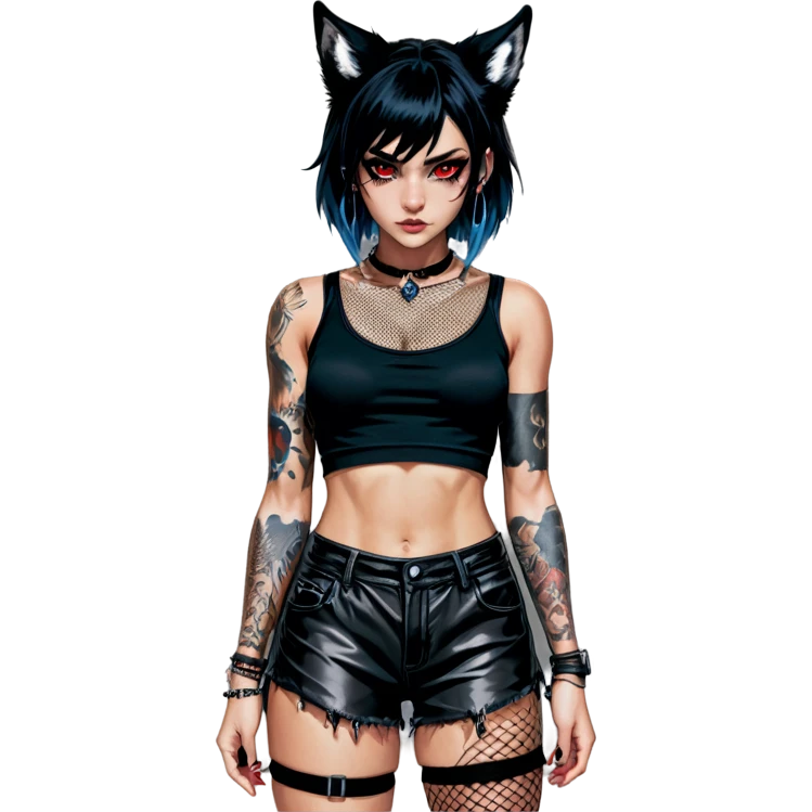 A black hair girl, ear rings on wolf ears, chain necklace, black tail, black Smokey eyes, fluffy tail, black wolf ears, black crop top with fishnets, black shorts with fishnets, dark-skinned female, left arm tattoo, left leg tattoo, short messy hair cut, bang between eyes, red eyes, big chest, heterochromia, blue eyes, animal ears, tail, emoji