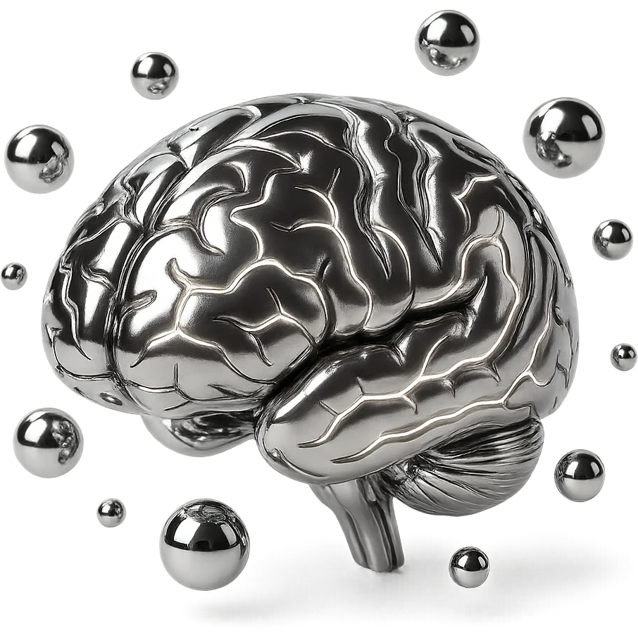 stylized chrome brain with glowing lines and floating chrome bubbles, symbolizing thought emoji
