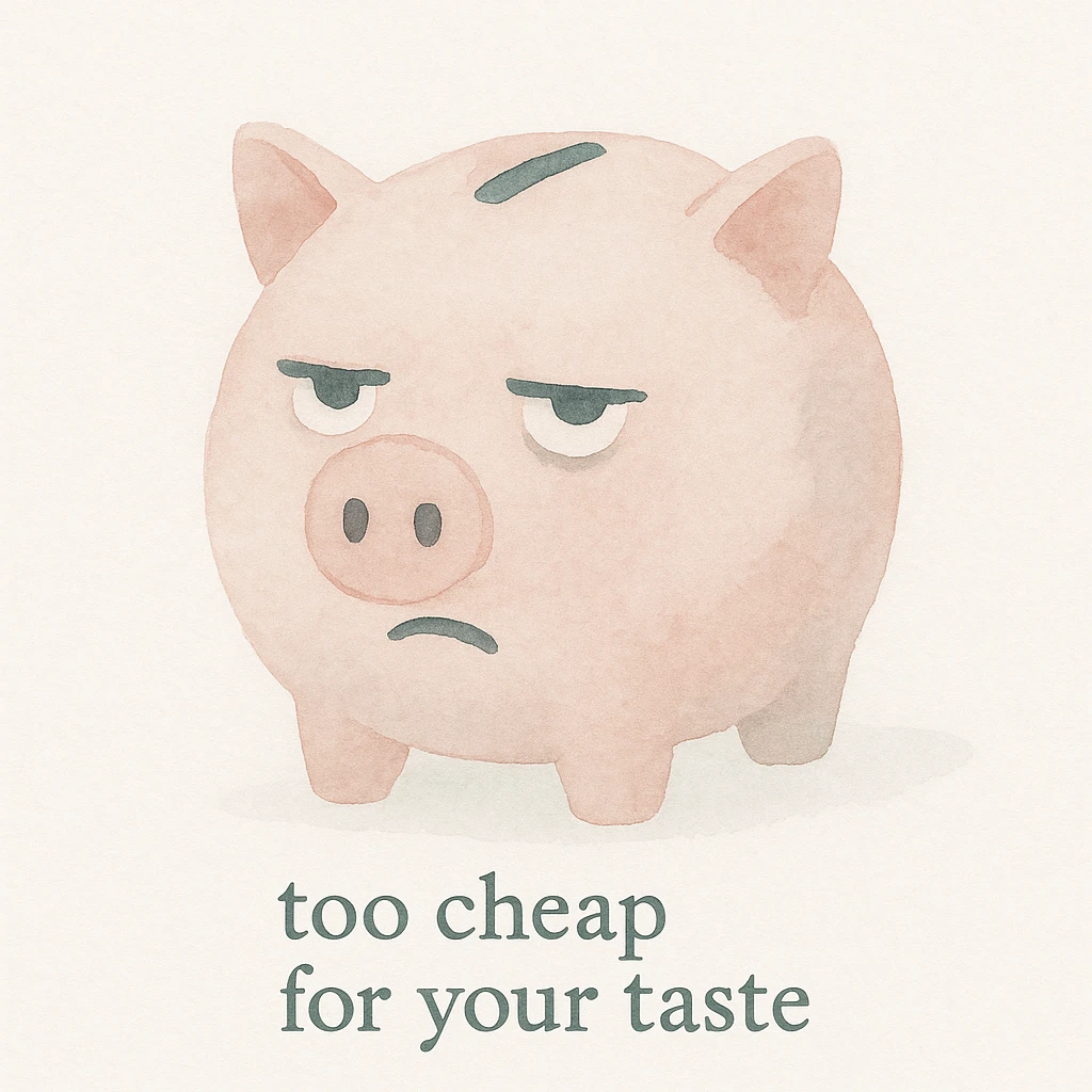 watercolor art style emoji of a piggy bank with a sarcastic expression and the phrase 'too cheap for your taste' emoji