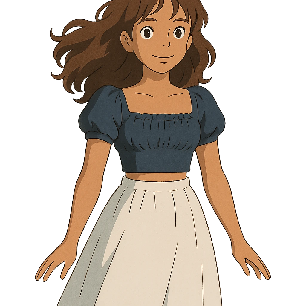 tan girl with wavy hair, white long skirt, navy blue ruched square neck crop top emoji