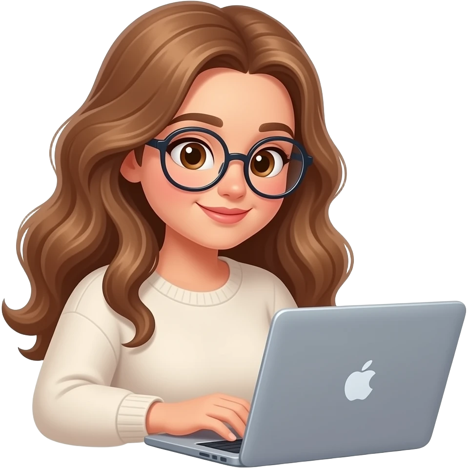 detailed emoji illustration of a curvy woman with long light brown wavy hair, light brown eyes and round glasses writing her book on a laptop, focused creative expression, cozy writer vibe, cute emoji style emoji