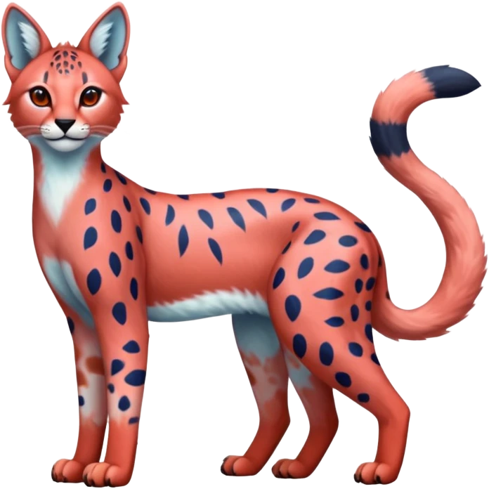 Colorful bluish cute adorable tropical exotic fruity rosy neon-red Caracal-Cheetah-Serval-Snow-Leopard-Trico-Sergal-Vernid-fusion-hybrid-animal-creature, full body, with tribal markings emoji