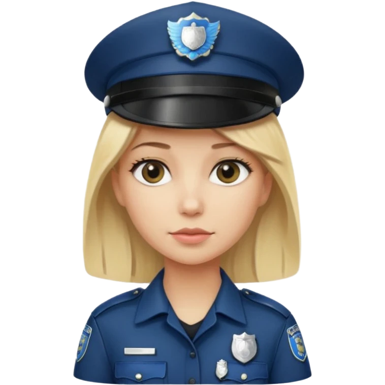 A blonde woman wearing a dark police hat with a silver badge, looking straight ahead with a calm expression. emoji