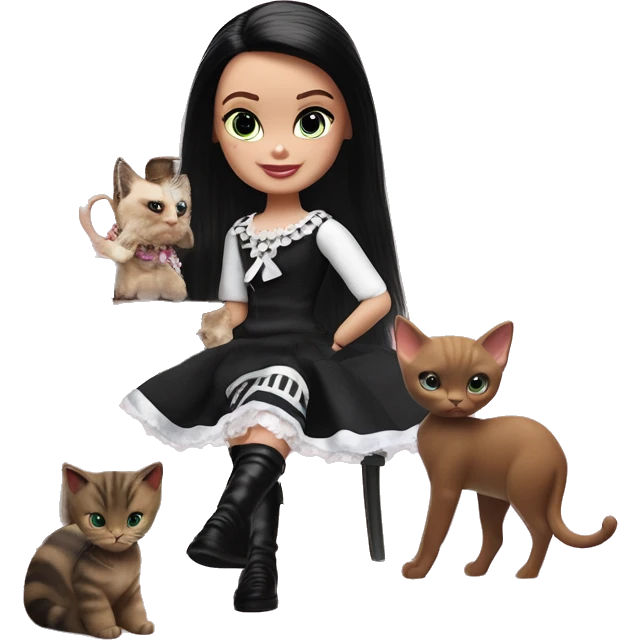 Check Please Francie Barbie, Teen Wednesday Addams. Pirate knee-boots, dress, opera gloves,pumps, bracelet, earrings, Cuddling up with Slippers the kitten.hair ribbon  emoji