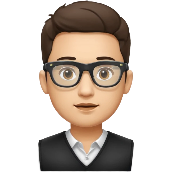 Man from the shoulder up, facing the audience. Wearing a black vest and AR glasses that look like google glasses.  emoji