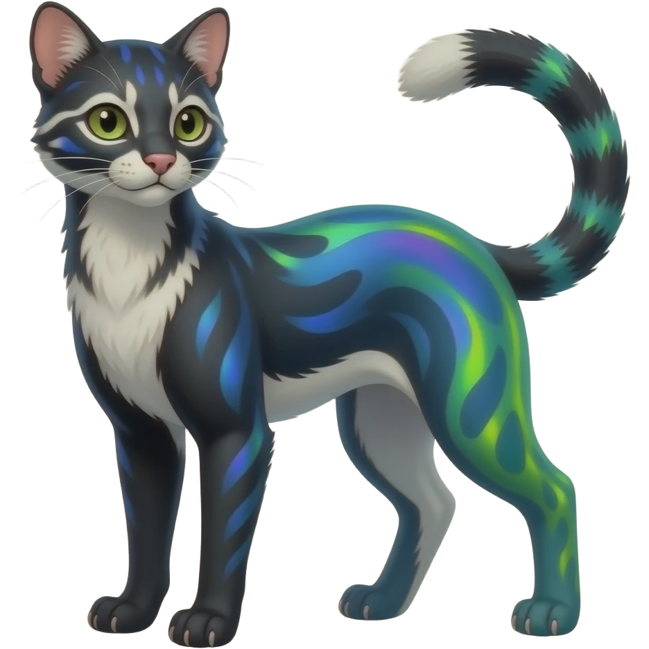 Colorful petite neat pretty gracious shiny realistic silky glossy tropical thin exotic beautiful lanky gradient-colored cobalt-blue-obsidian-black-neon-green-gradients, with white underside, iridescent glorious fantasy-civet-genet-Cacomistle-oncilla-animal-hybrid with pattern markings (full body) emoji