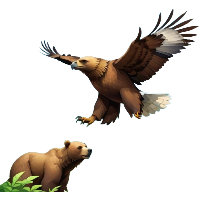 Collage of wild animals: a majestic bear in a lush green forest, a soaring eagle in the sky. A vibrant and detailed nature scene, capturing the beauty of wildlife. Transparent background. emoji