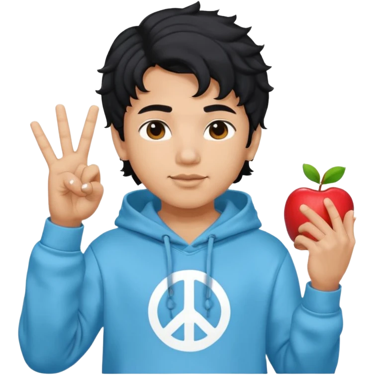 An indian boy in a light blue hoodie with wavy flow hairstyle showing peace sign, with black hair color, apple memoji style emoji