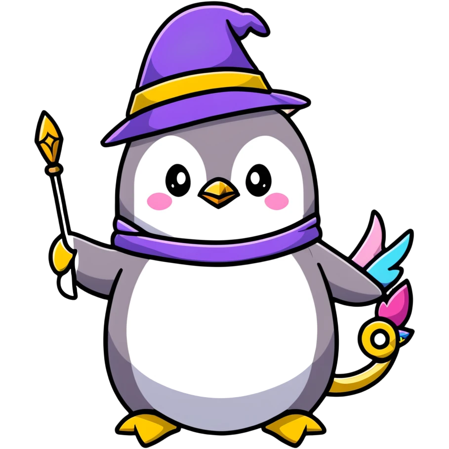 penguin wizard with a staff and hat surrounded by a small dragon, fairy, and unicorn emoji