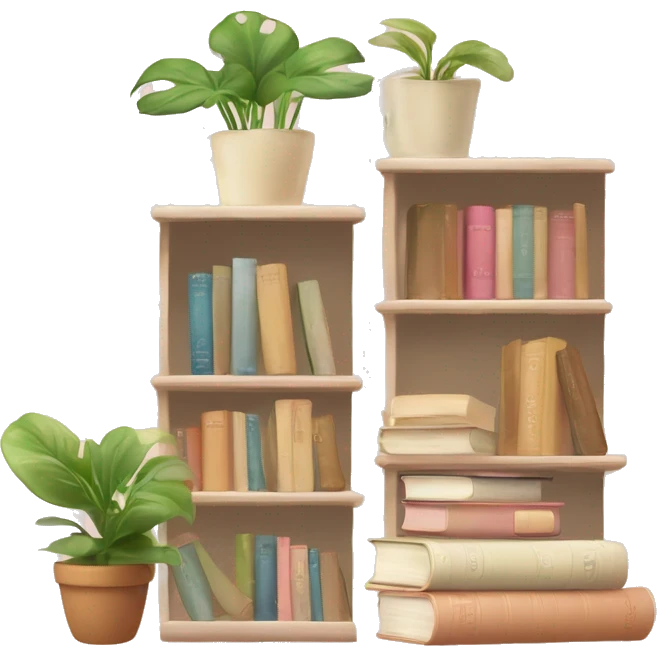 A cute book shelf with a potted pothos plant, and some cute others plants and a pile of books that are beige, cream and baby pink emoji