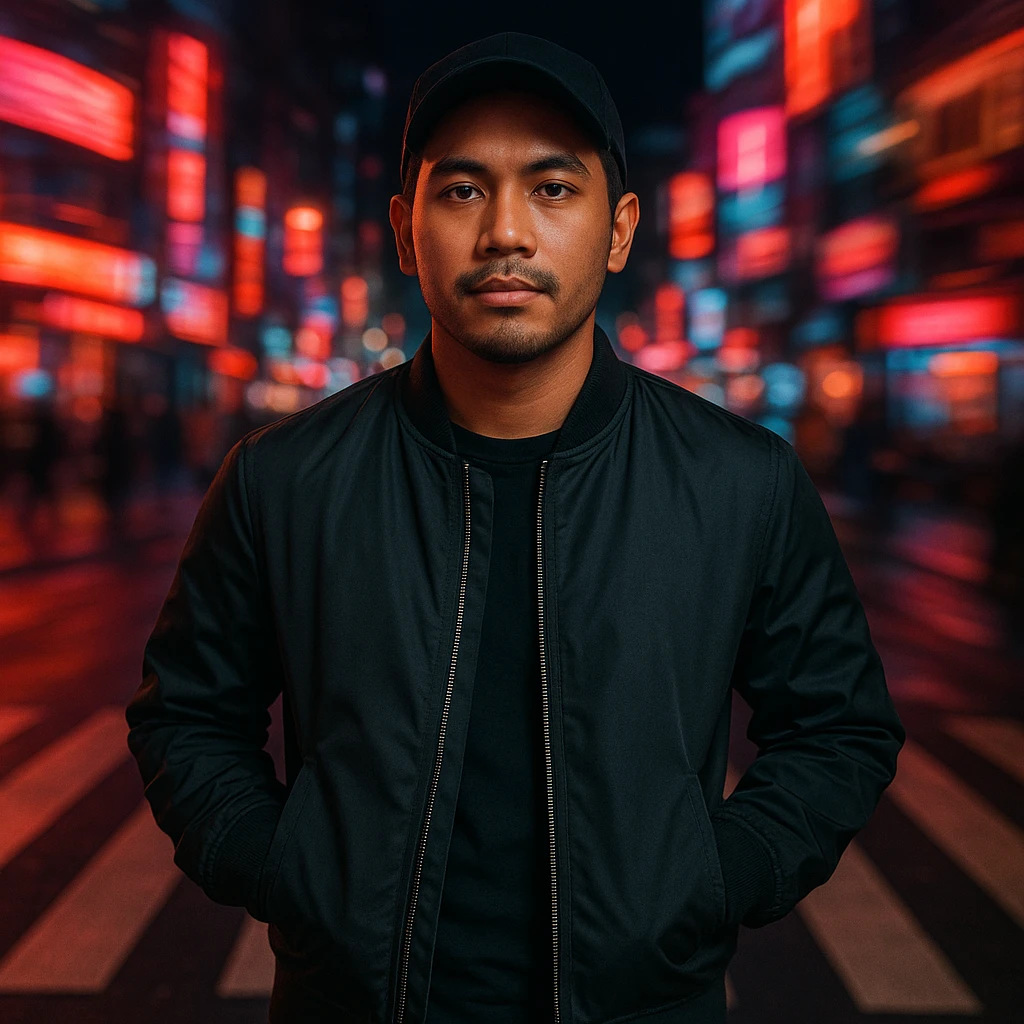 Create a cinematic photo of a Southeast Asian man in his early 30s with sawo matang skin, standing in a crosswalk at night with neon city background and spiral motion blur. The man has hands in pockets, black cap, bomber jacket, confident and calm expression, soft light on face, urban nightlife, fashion editorial look. Use the reference image for facial structure. emoji