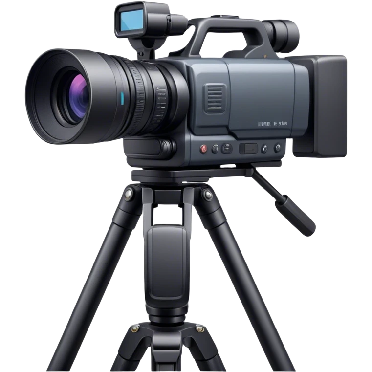 Create an emoji for video recording. Show a  single lens professional video camera with screen and image on it, on heavy tripod. Use modern, professional colors. Do not include any emojis or smiley faces. Make the background transparent. emoji