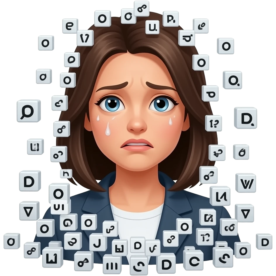 information overload woman surrounded by text emoji