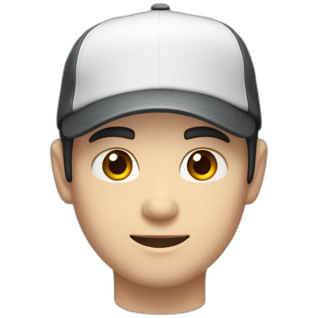 Pale skinned Man with black hair in a white cap and dark gray polo T-shirt with a box into his hands emoji