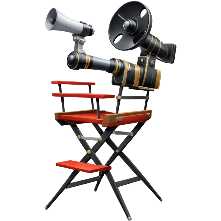 Icon for Directing: a director’s chair, a film camera, a megaphone, symbolizing the essence of film direction. The design should represent the creativity, leadership, and technical skill of directing in theater and cinema. Transparent background. emoji