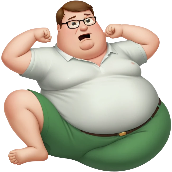 Peter Griffin from Family Guy with a very large pregnant belly, laying down on his back, sweating profusely, wearing green pants and white shirt emoji