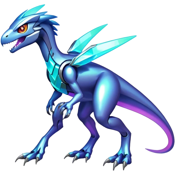 Shiny Futuristic Ethereal Fakemon-Pokemon-Digimon-Spectrobes-Raptor-fusion, full body, four legs emoji