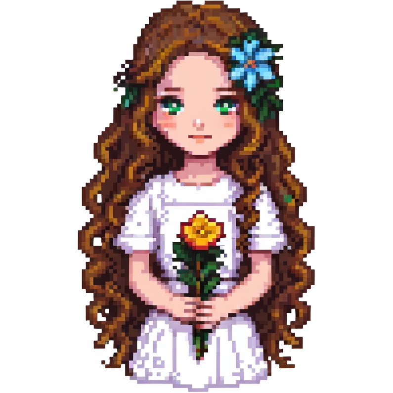 girl with long wavy brown hair with a flower in her hair pixel art emoji