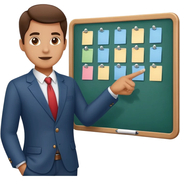 professional figure pointing at a task board or flowchart. The character wears business casual clothing emoji