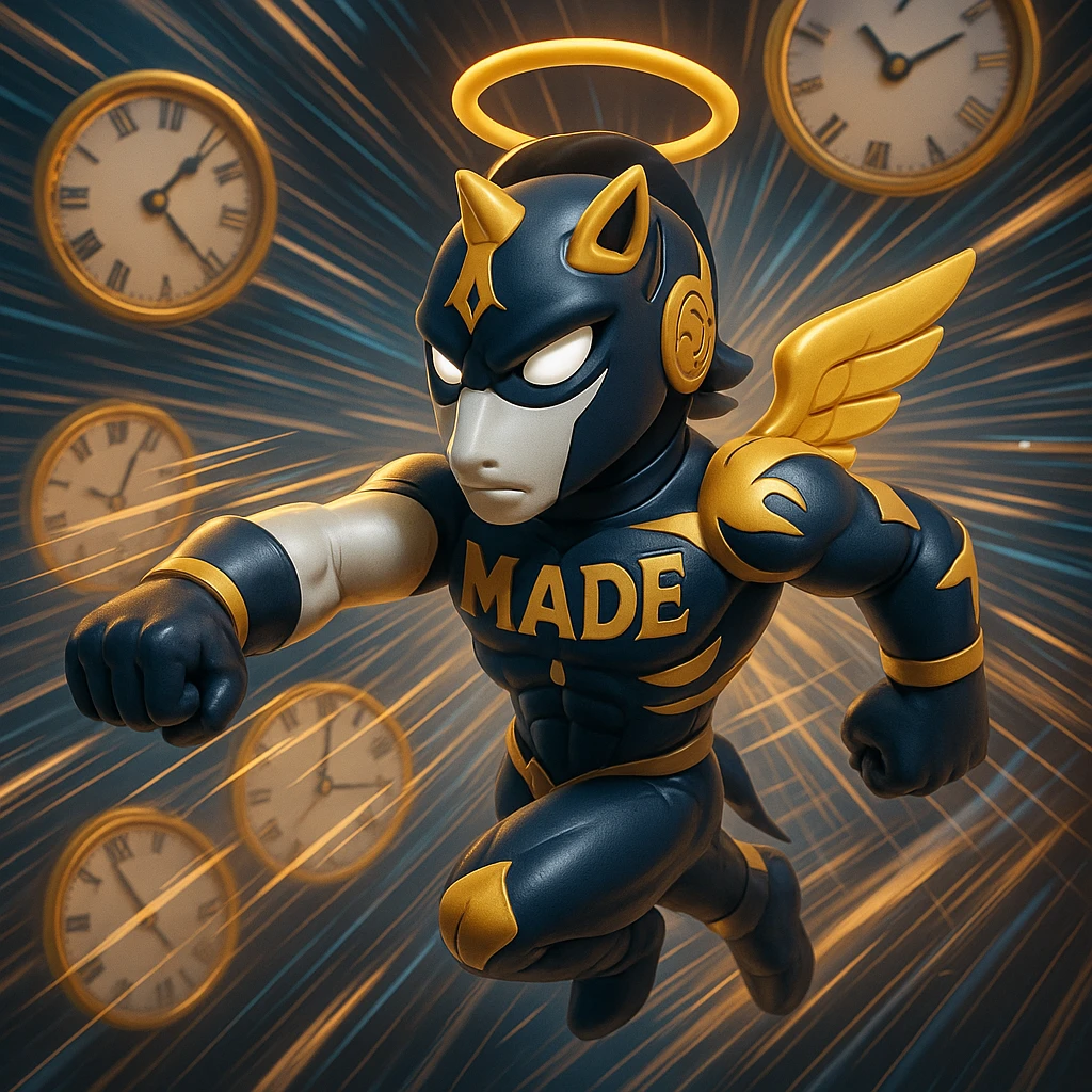 Add a dramatic time acceleration effect to Made in Heaven from JoJo's Bizarre Adventure in a dynamic, detailed 3D emoji style. Include elements like motion blur, speed lines, or clock motifs to emphasize the effect. emoji
