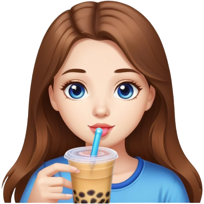 White girl with long brown hair and blue eyes drinking bubble tea emoji