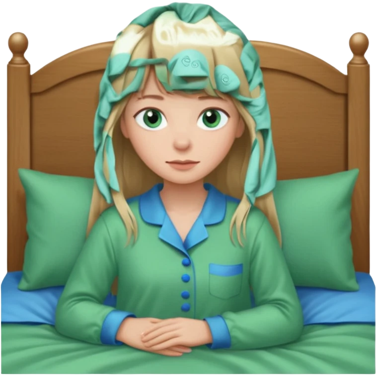 Woman with long dark blond hair and bang woth blue eyes alone in bed  with green pyjama emoji