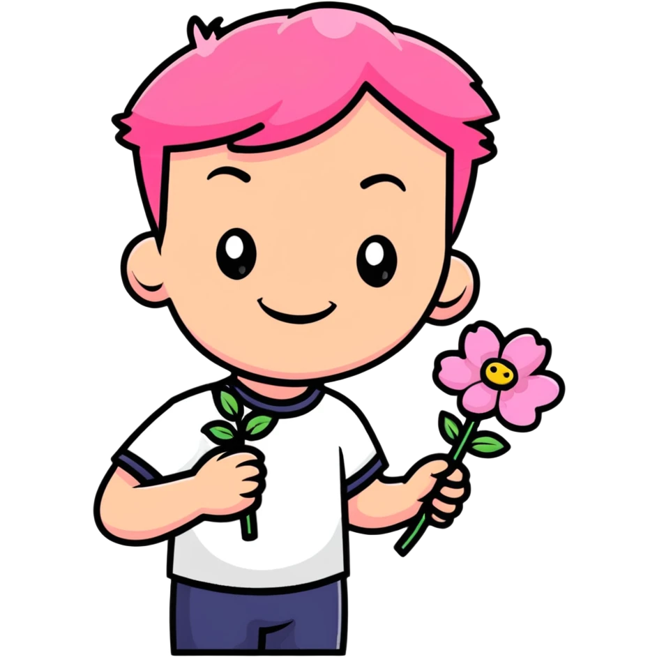 smiling boy with pink flower emoji