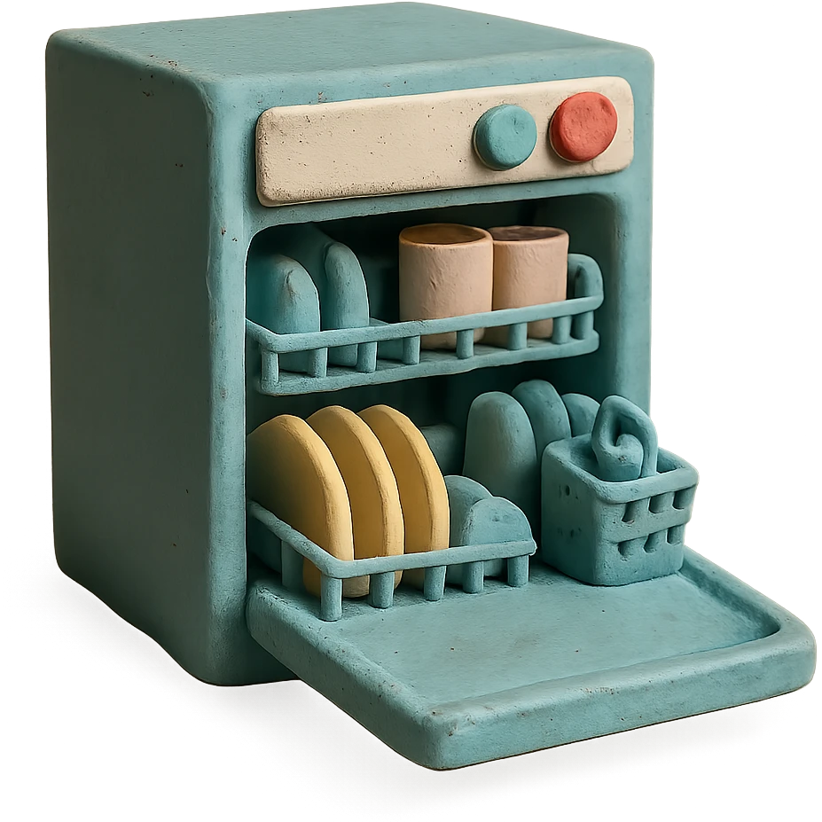 claymation style dishwasher with open door and clean dishes inside, pastel colors, visible fingerprints, soft matte finish emoji