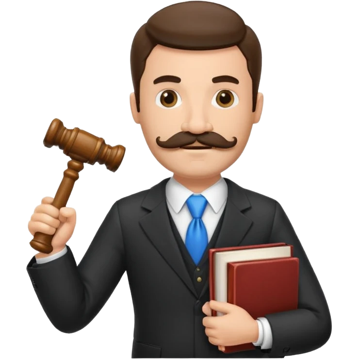 Create a male lawyer. he is wearing a fromal suit jckeret. He is holding a gavel in one hand and a book tucked under his another arm. He has a mustache and BEARD both! emoji
